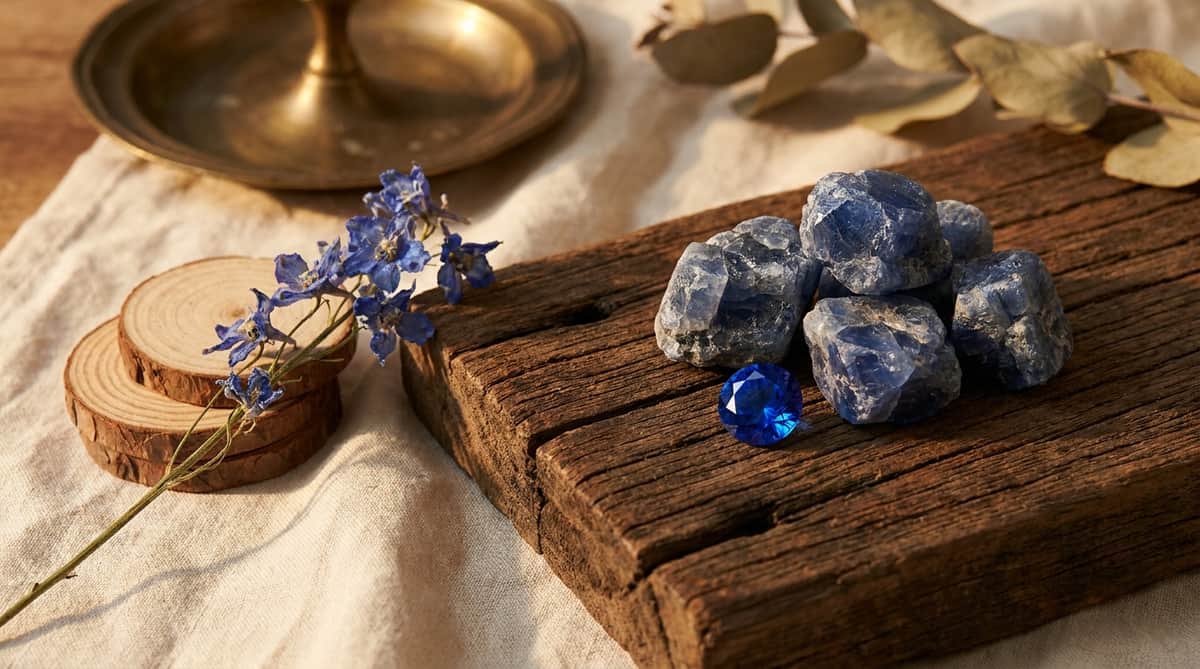 Raw rough blue sapphire crystals and one faceted deep-blue sapphire gemstone on dark aged wood beside wood slices and dried blue flowers, beside a brass dish