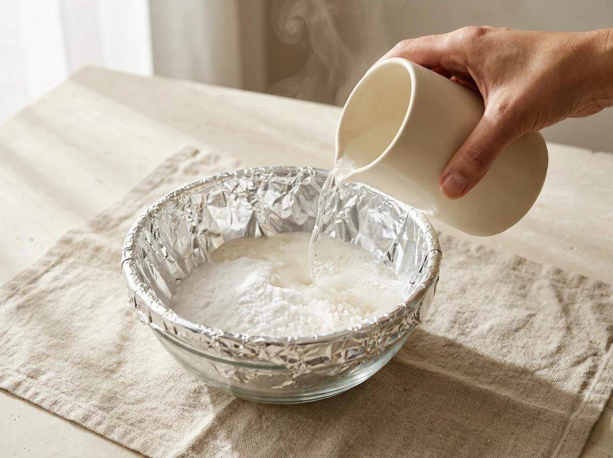 Hot water being poured into a foil-lined bowl with baking soda