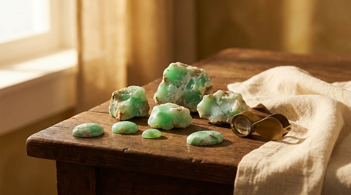 Raw and polished chrysoprase mineral specimens in apple-green with cloudy white veining, beside a brass geologist's loupe on dark wood