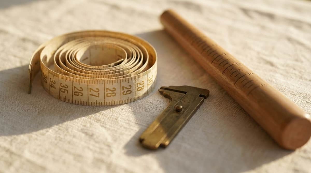 Brass caliper, wooden ring gauge, and coiled measuring tape used to find bangle size