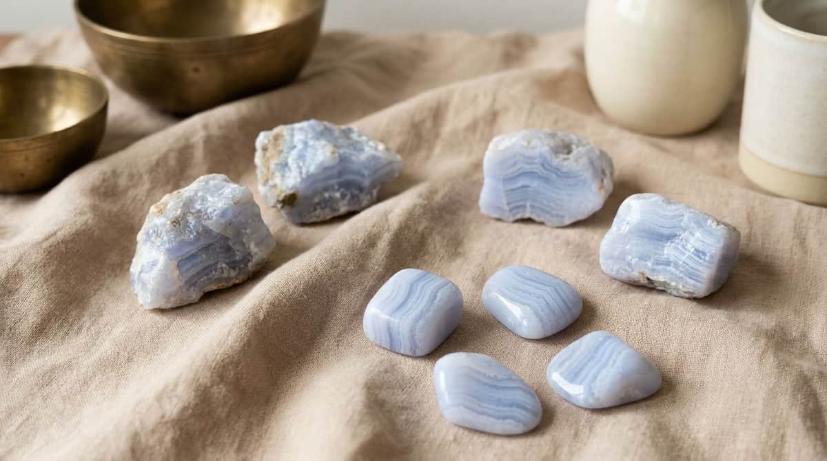 Raw and polished blue lace agate specimens showing pale powder-blue banded layers, arranged on warm linen beside ceramic vessels