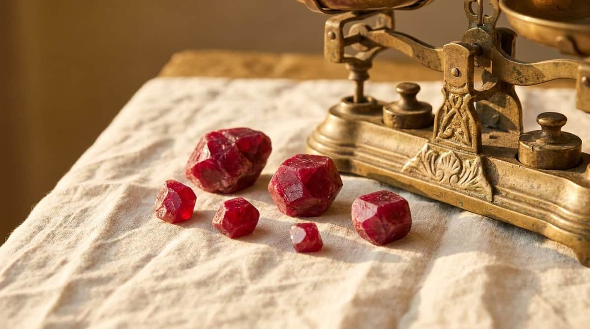 Loose rough red ruby crystals on linen beside an antique brass scale