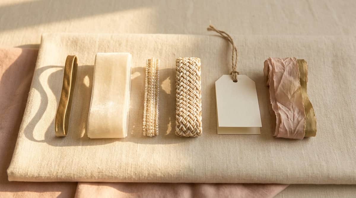 flatlay of ribbon and cord swatches in satin, velvet, beaded, and woven textures beside a blank gift tag, representing different necklace styles