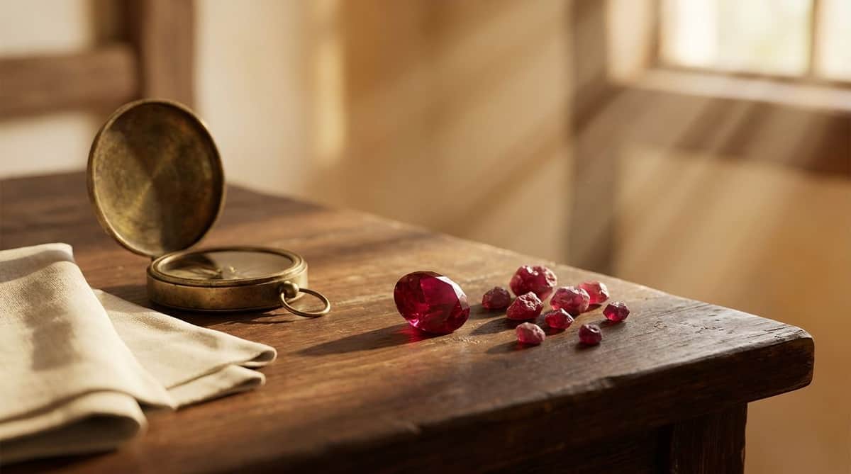 A faceted ruby gemstone and scattered rough ruby crystals on dark aged wood beside an antique brass compass and cream linen, warm golden-hour light