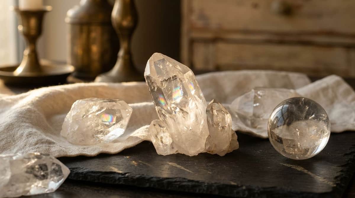 Raw natural clear quartz crystal points and a polished clear quartz sphere on dark slate with linen, warm light catching rainbow refractions inside the crystals