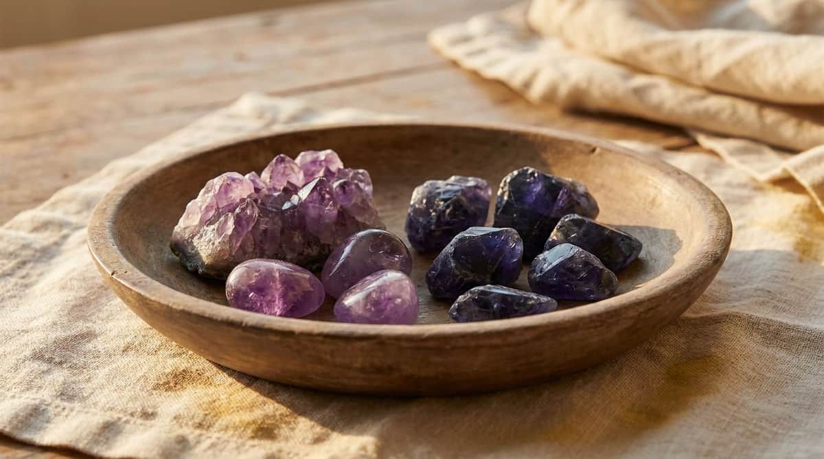 Raw and tumbled purple amethyst crystals beside raw and tumbled blue-violet iolite crystals in a wooden bowl, for side-by-side comparison