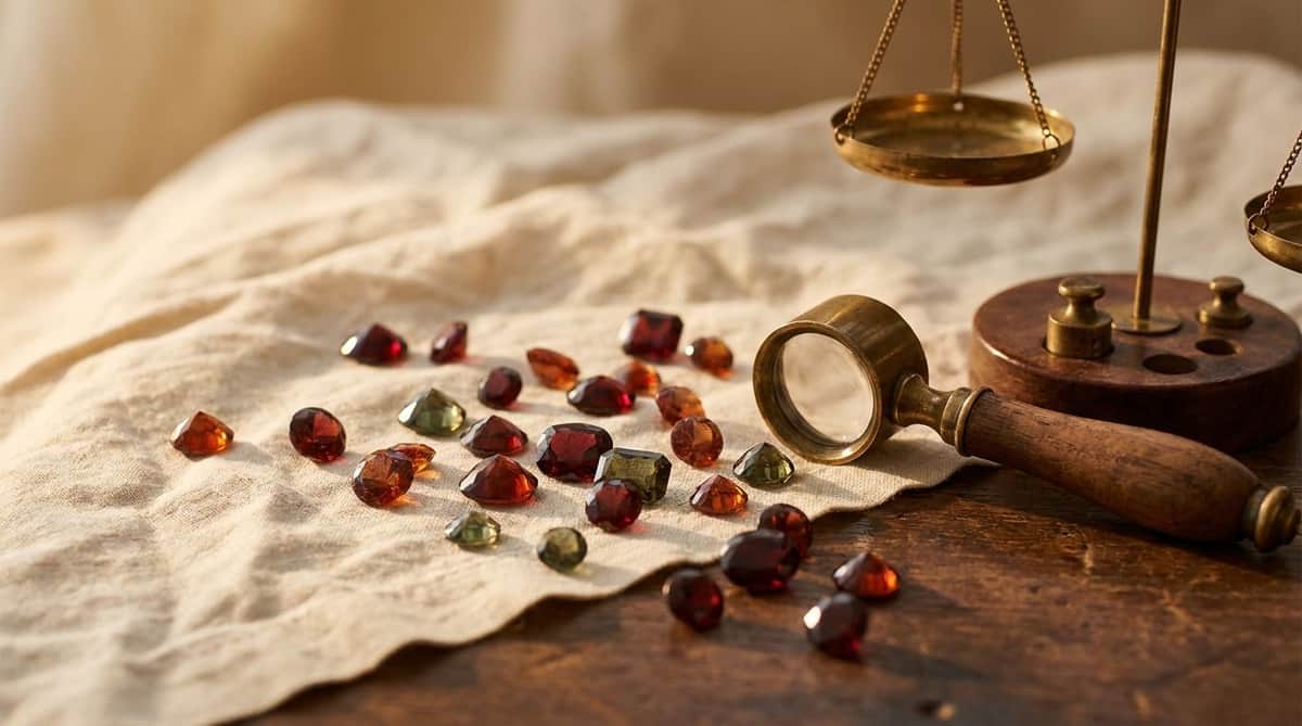 loose faceted garnet gemstones in red, orange and green with a jeweler's loupe and brass scale, editorial still life