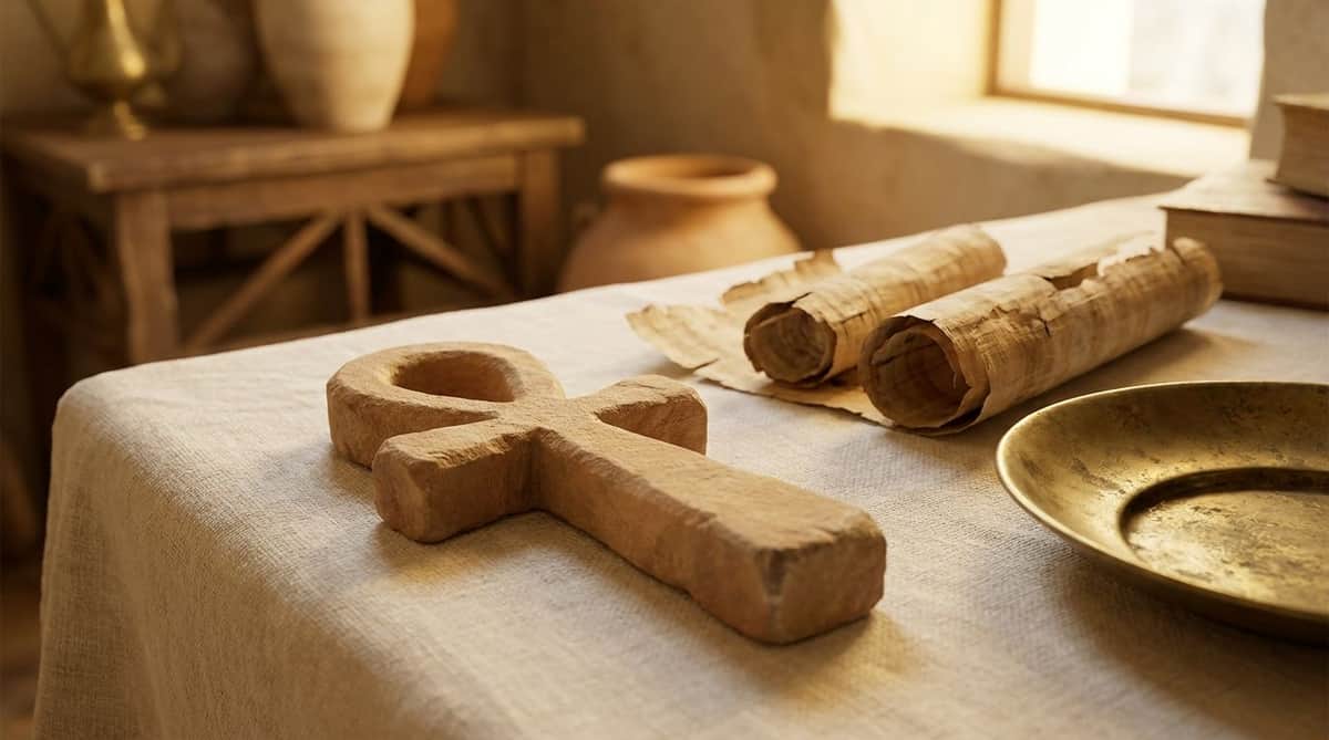 A weathered sandstone ankh-shaped carving resting on linen beside curled papyrus scrolls and a brass dish, warm golden-hour side light