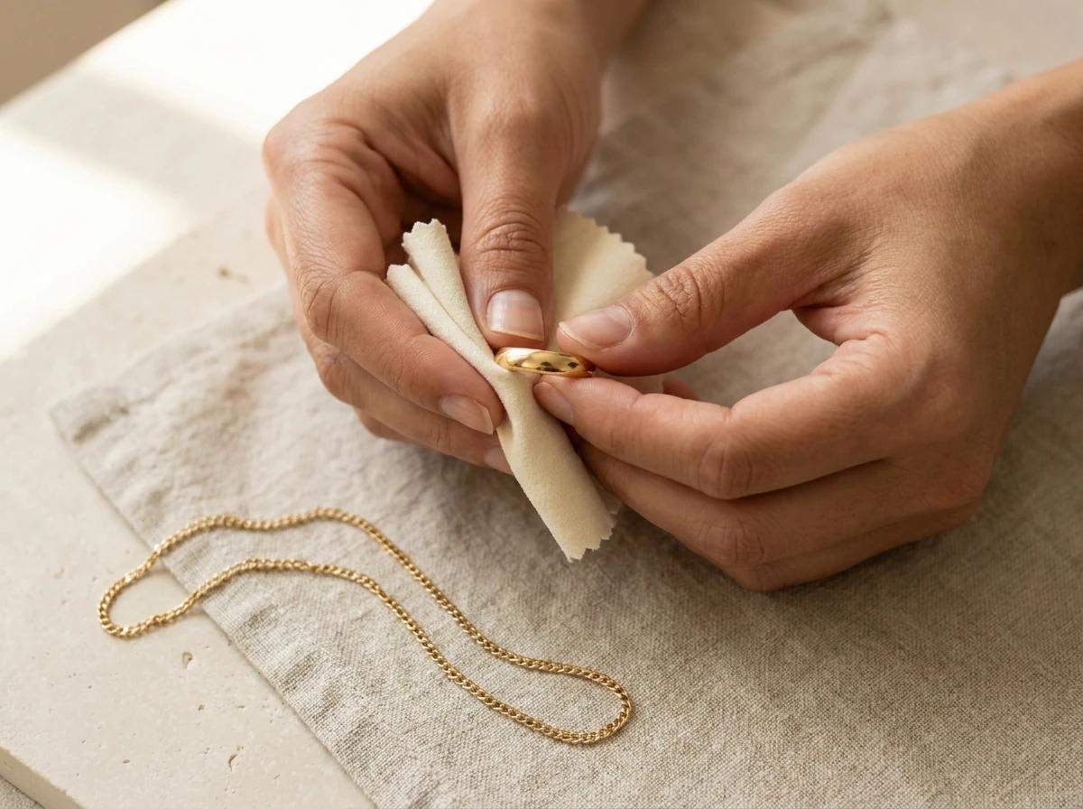 A polishing cloth buffing a gold ring