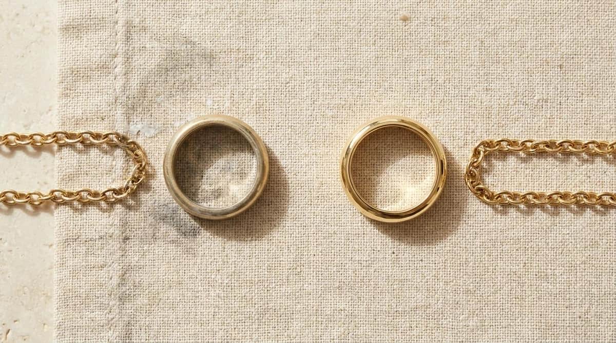 A tarnished gold ring next to a polished, bright gold ring of the same style