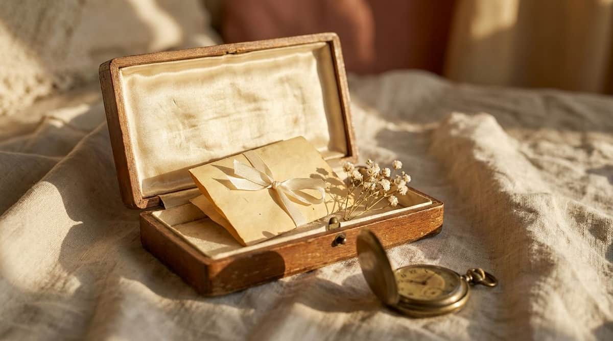 Open antique wooden keepsake box with a ribbon-tied note, dried baby's breath and a vintage brass pocket watch on linen, golden-hour light