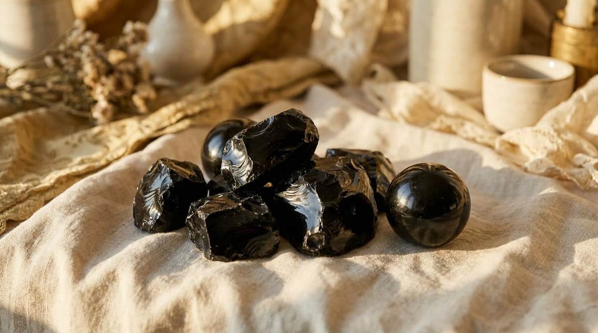 Raw and polished black obsidian stones, glossy volcanic glass with sharp conchoidal fractures, on linen