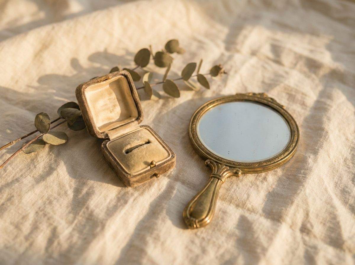 An open antique velvet ring box, empty, beside a small vintage hand mirror and a sprig of eucalyptus on warm cream linen