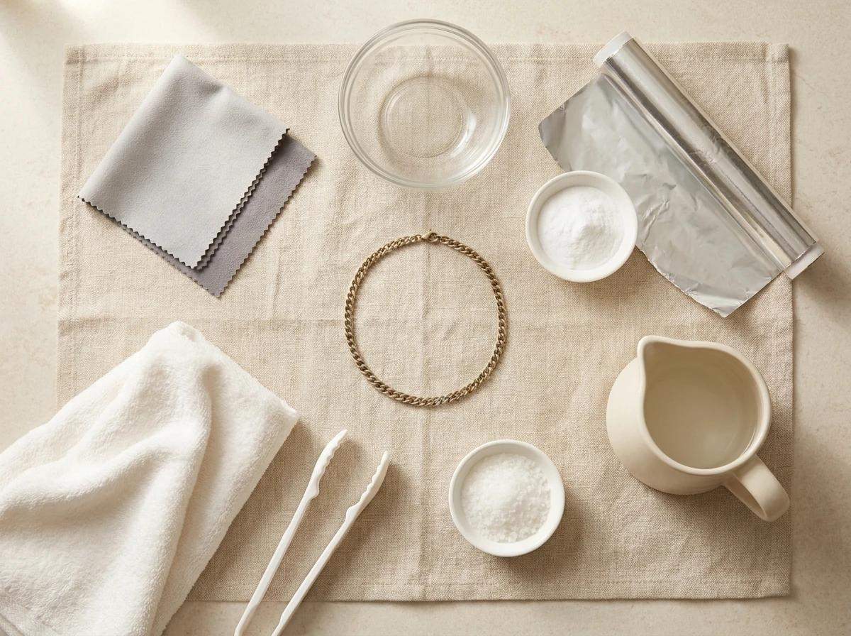 Silver polishing cloth, polishing cream, aluminum foil, baking soda, salt and a soft towel laid out for cleaning silver