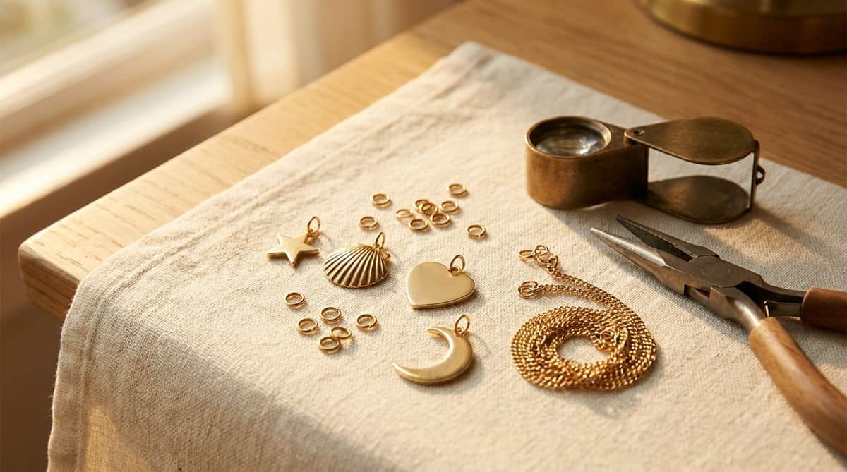 Loose, unassembled gold-tone charms -- a star, a scallop shell, a plain heart tag, a crescent moon -- scattered beside jump rings and a coiled fine chain on a linen-draped workbench, next to a brass jeweler's loupe and pliers