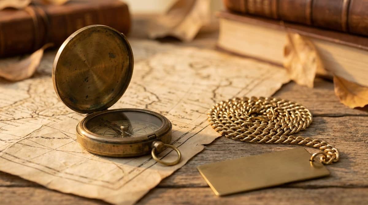 Antique brass pocket compass open on a folded map beside a coiled gold-tone chain and a blank engraving tag