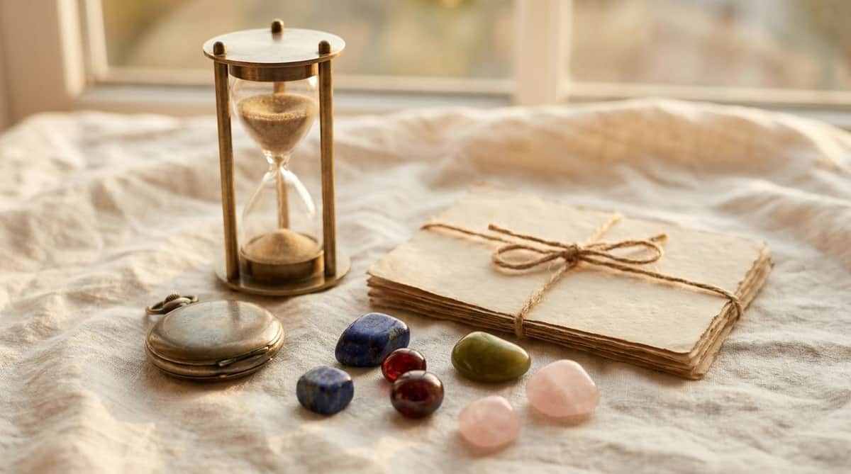 Vintage hourglass, pocket watch, and colorful loose gemstones on linen beside a tied stack of blank paper cards, evoking birth months and time