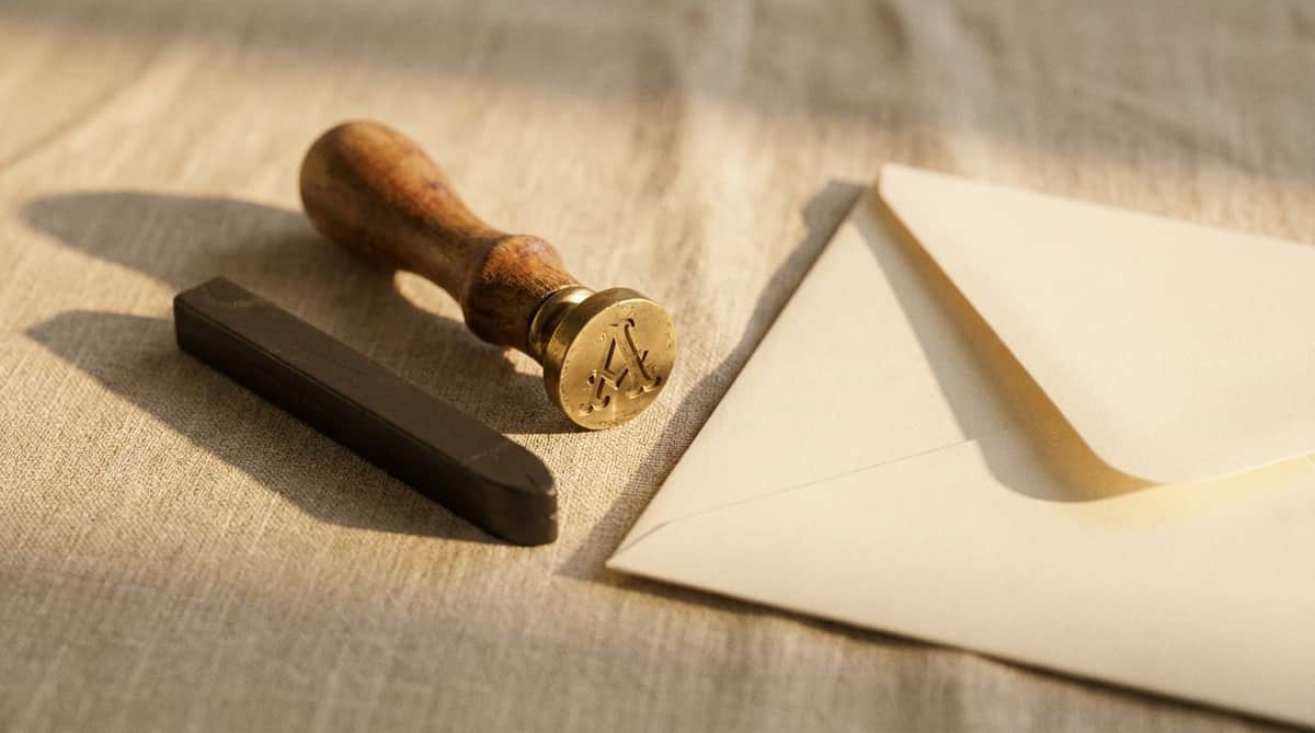 Antique brass wax-seal stamp engraved with a single letter, resting on linen beside a stick of sealing wax and a cream envelope