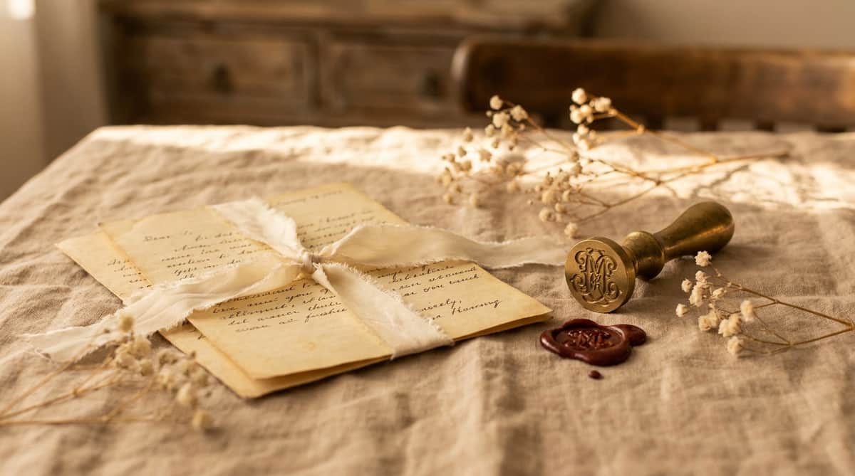 Two handwritten love letters tied with silk ribbon beside an antique brass wax-seal stamp and a red wax seal on warm linen