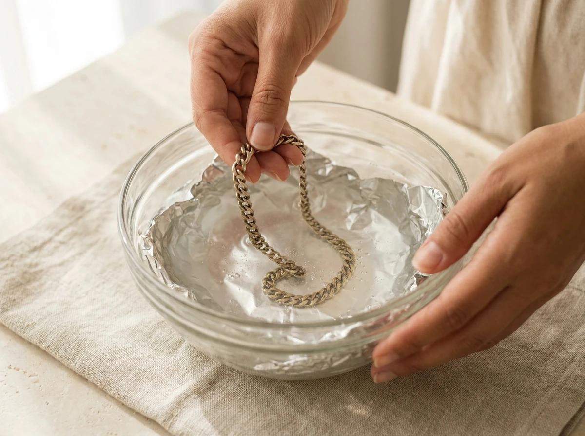 A silver chain lowered into the foil-lined baking soda solution