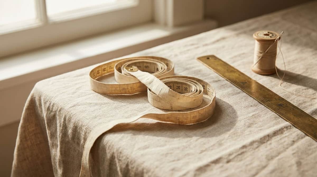 Tailor's measuring tape, brass ruler and thread spool on linen, symbolizing how to measure necklace length