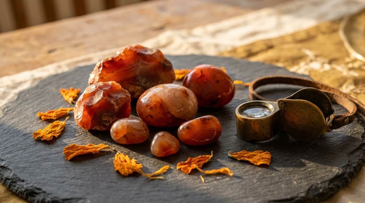 Raw and tumbled orange-red carnelian gemstones on dark slate with a brass loupe and dried marigold petals