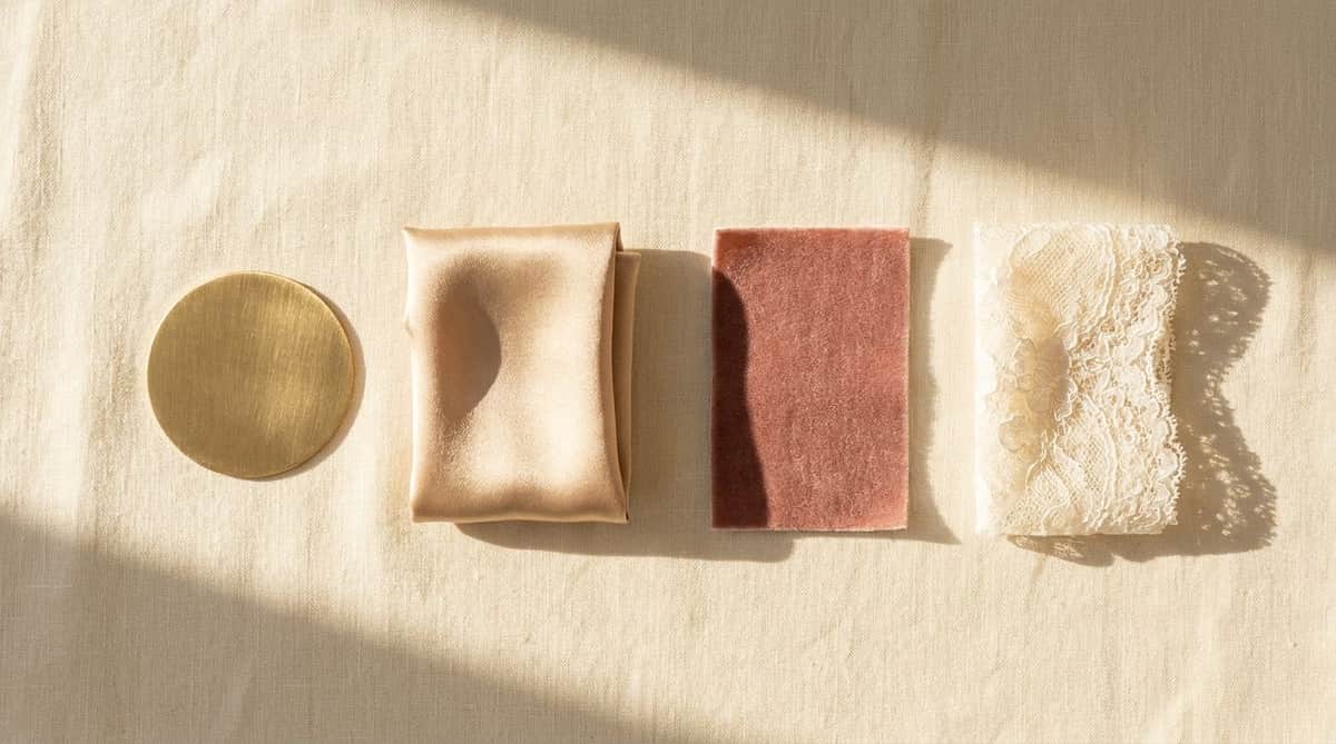 brushed gold disc with champagne, rose, and ivory fabric swatches representing different jewelry style moods