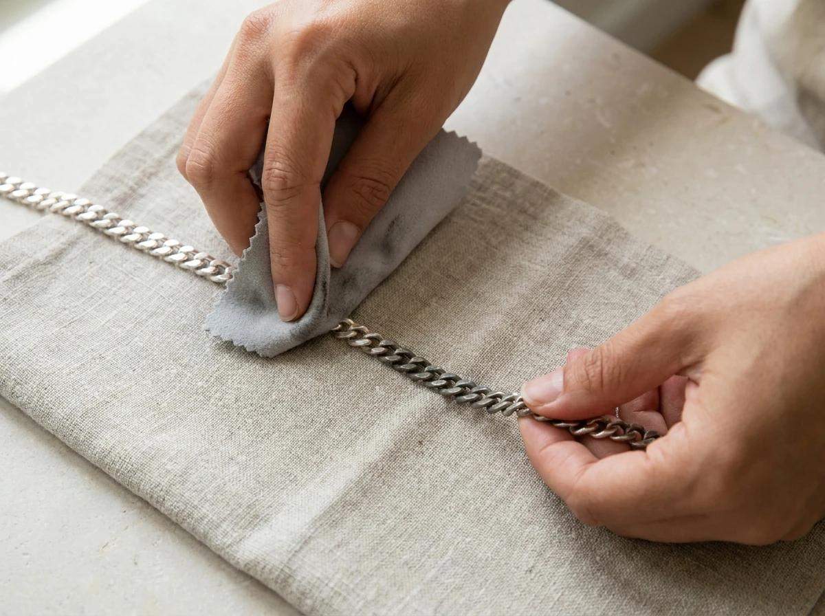 A silver polishing cloth buffing tarnish off a chain