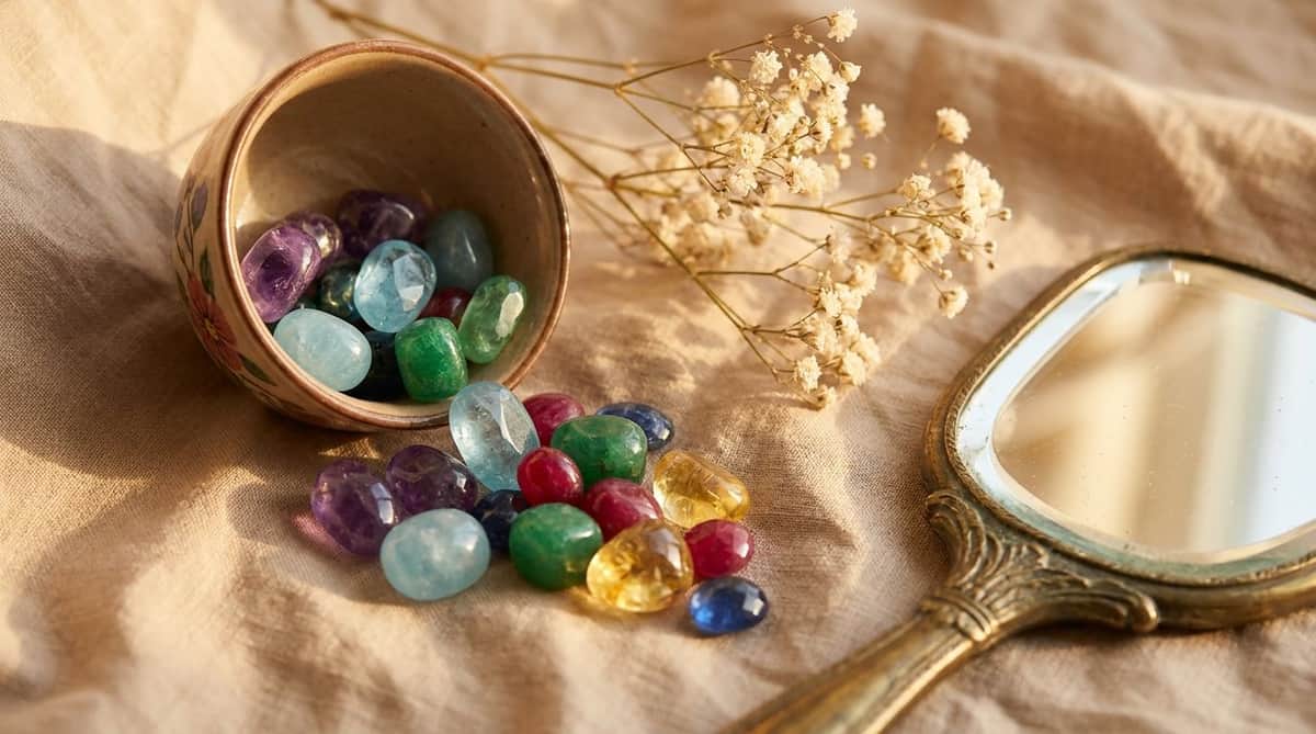Loose polished birthstone-colored gemstones spilling from a small ceramic dish onto linen beside dried baby's breath and an antique hand mirror, editorial still-life cover photograph