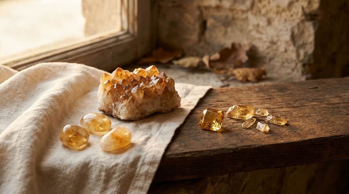Raw citrine crystal cluster and tumbled citrine stones arranged beside a faceted yellow topaz gem and raw topaz fragments on linen and dark wood for side-by-side comparison