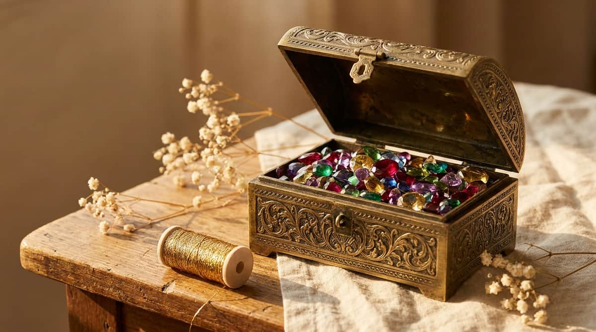 Antique brass keepsake box overflowing with loose faceted birthstones in a rainbow of colors, beside a spool of gold thread and dried baby's breath on linen in golden-hour light