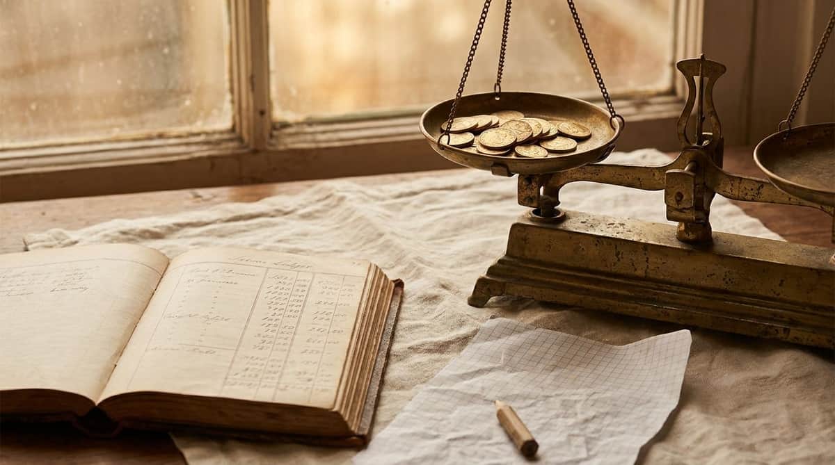 Antique brass balance scale with gold coins beside an open ledger book and graph paper on a linen-covered desk, symbolizing jewelry spending data