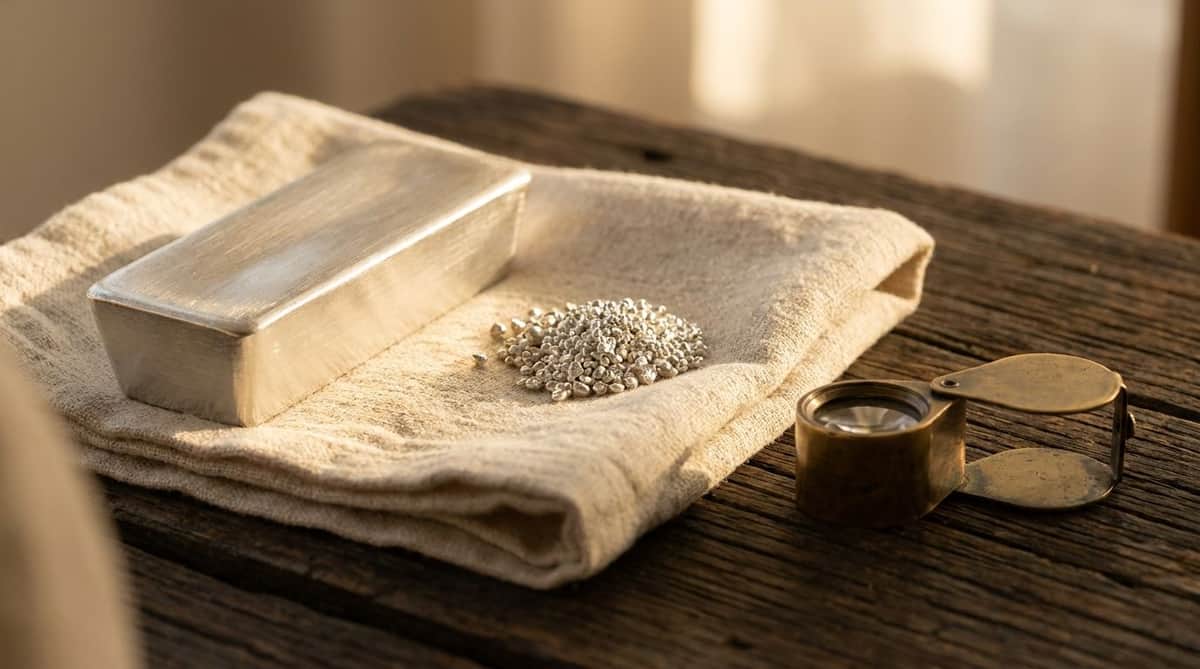 sterling silver ingot bar and loose silver granules with a brass jeweler's loupe on linen