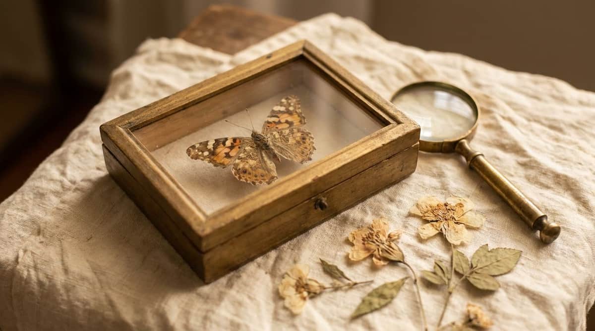Antique specimen box with a mounted butterfly, dried flowers, and a brass magnifying glass on linen — a FARUZO jewelry symbolism guide to the butterfly meaning