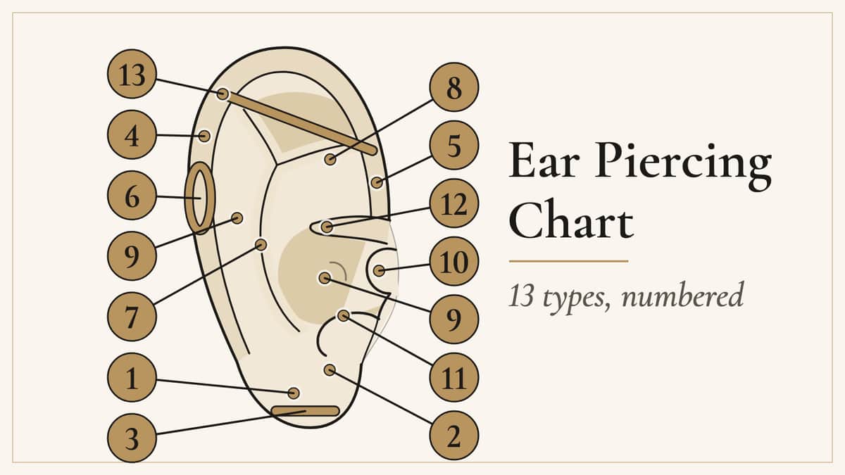Ear piercing chart showing the location of all 13 ear piercing types, numbered one to thirteen on a right ear