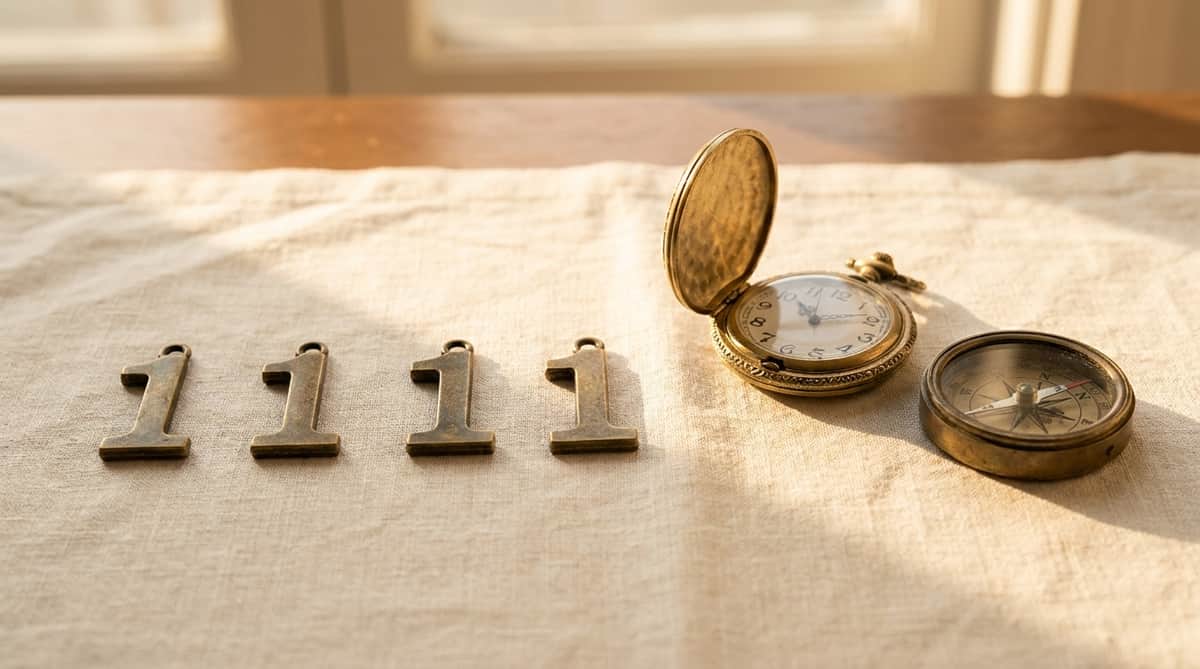 Four loose antique brass numeral-1 charms arranged in a row on warm linen beside an open brass pocket watch and compass