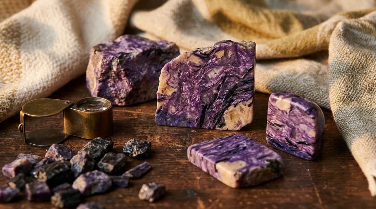 Raw and polished charoite specimens showing swirling lilac-purple patterns with black needle-like inclusions, beside a brass geologist's loupe on dark wood