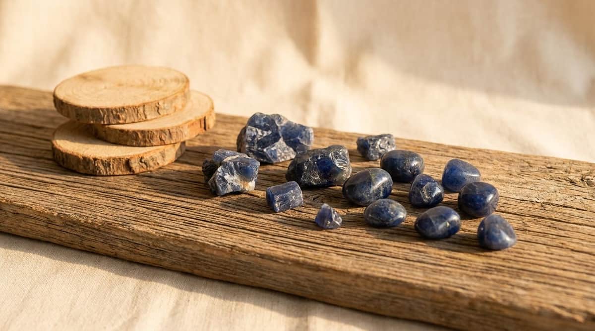 Raw and tumbled sapphire-blue gemstones scattered on a weathered wood plank next to a stack of round wood slices, on cream linen — the wood and sapphire traditions for a 5th wedding anniversary