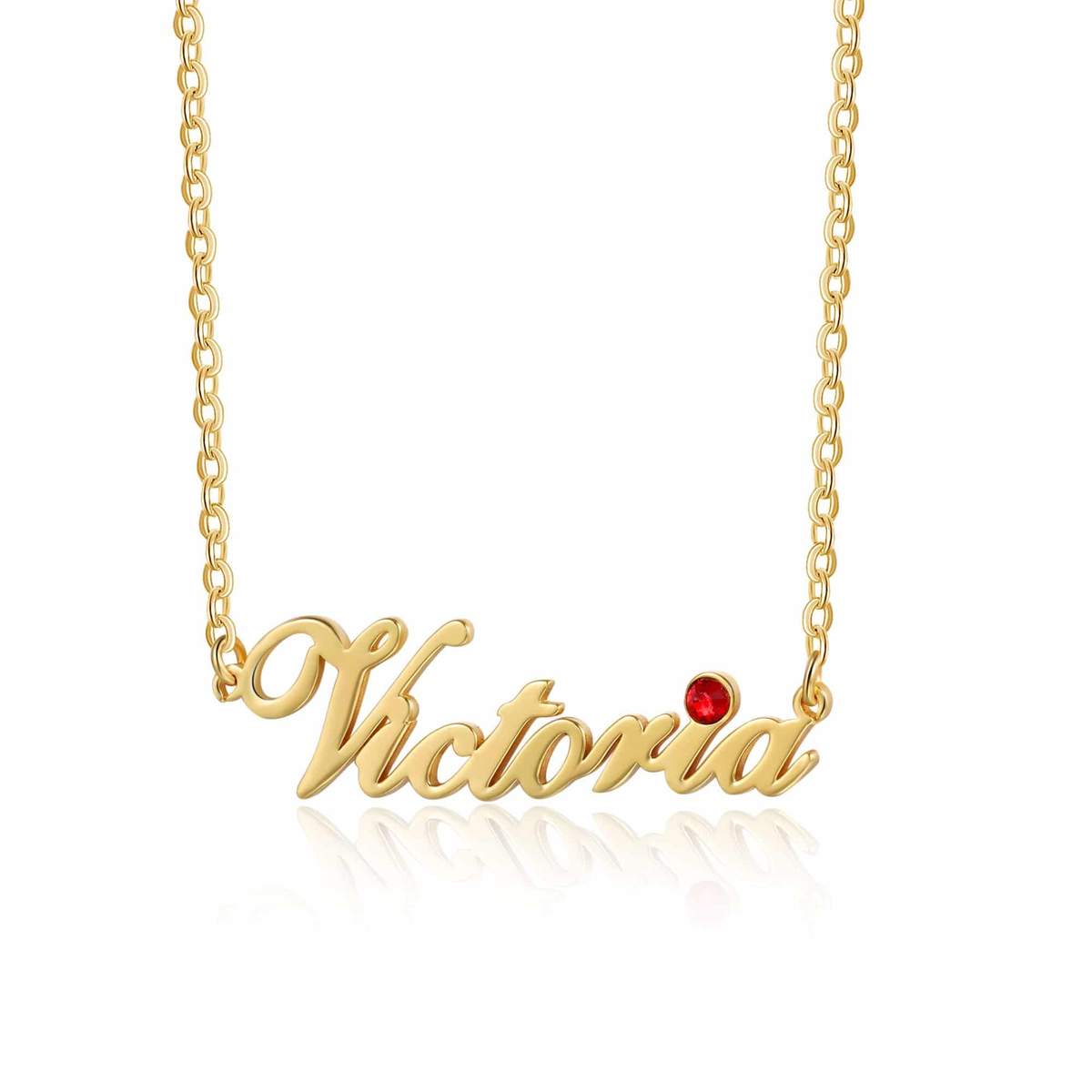 A personalized birthstone name necklace pairing an engraved name with its birth month gemstone
