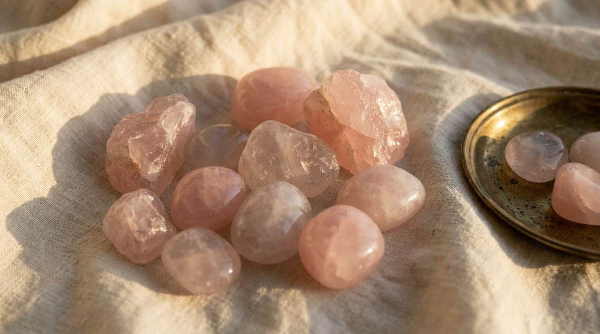 Raw and tumbled rose quartz crystal stones in soft pink hues arranged on natural linen beside a small brass dish, warm golden light