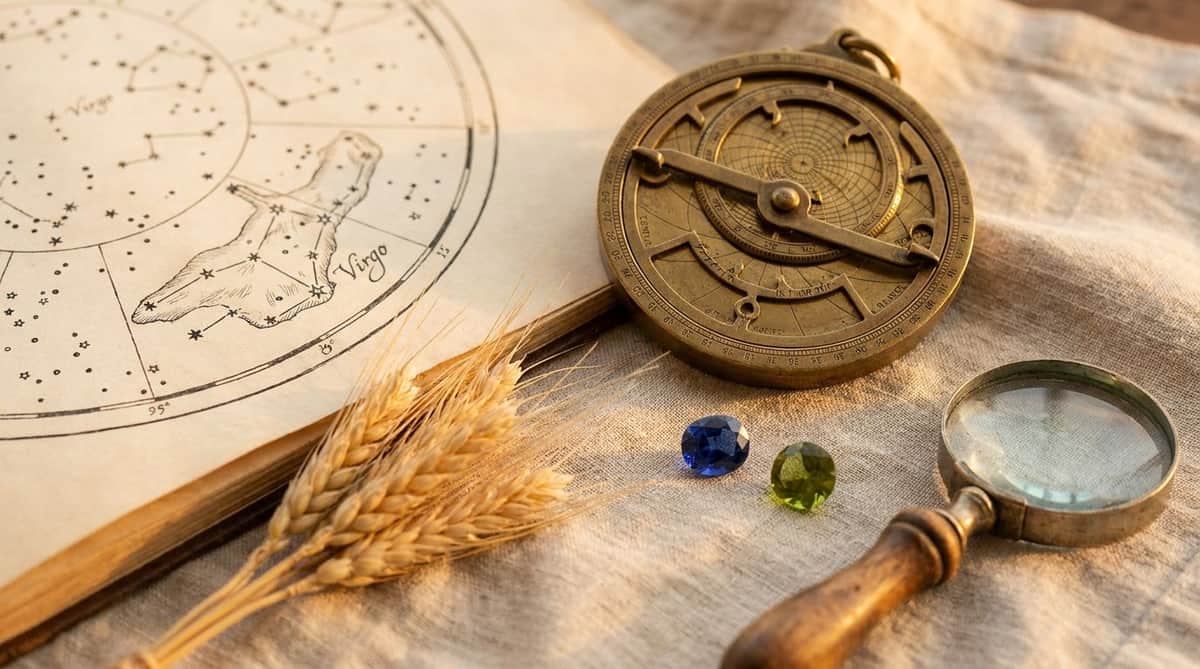 An antique brass astrolabe beside a hand-drawn star chart open to the Virgo constellation, with a dried wheat sheaf and a loose faceted sapphire and a loose faceted peridot gemstone and a vintage magnifying glass on natural linen, symbolizing the maiden zodiac sign and its calendar birthstones