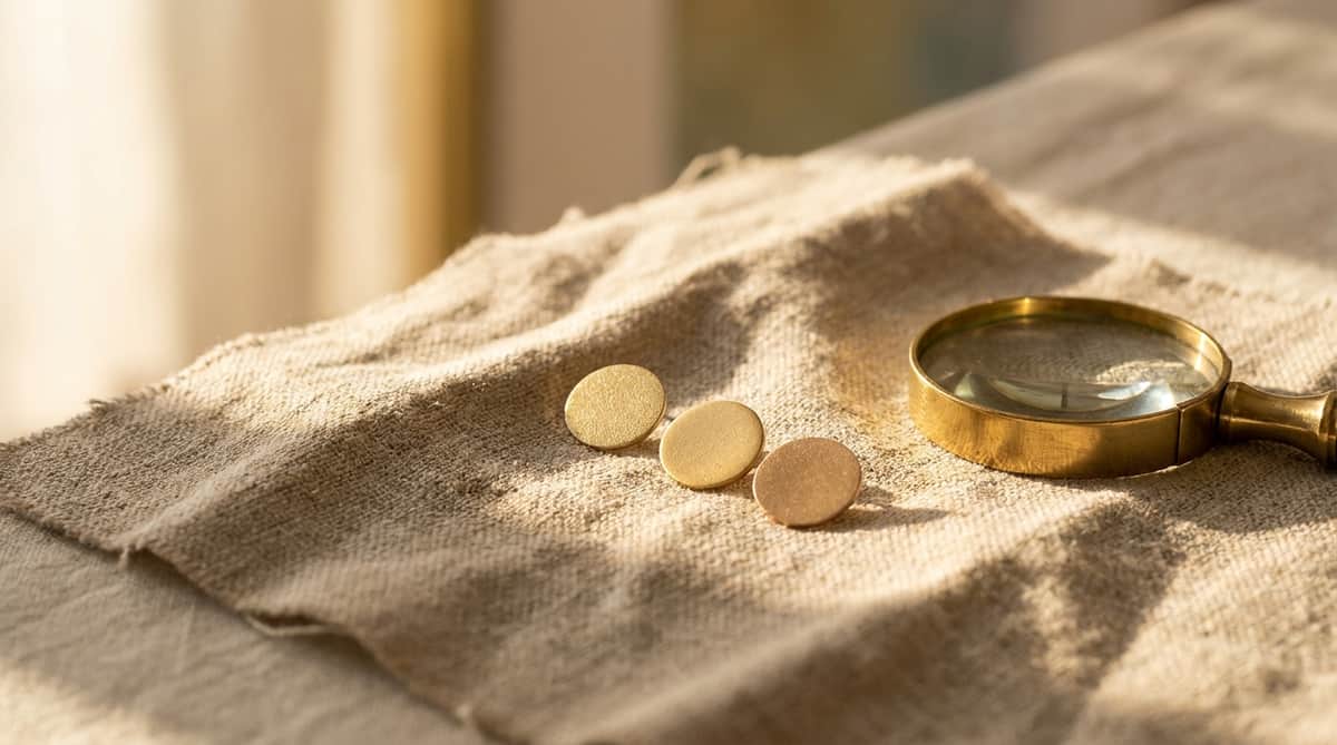 Three warm gold-toned metal swatch discs of different plating thicknesses on linen beside a brass jeweler's loupe