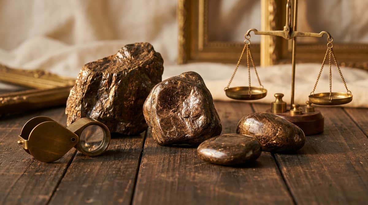 Raw and polished bronzite mineral specimens showing their metallic bronze-brown sheen, arranged on dark wood beside a brass jeweler's loupe and antique balance scale