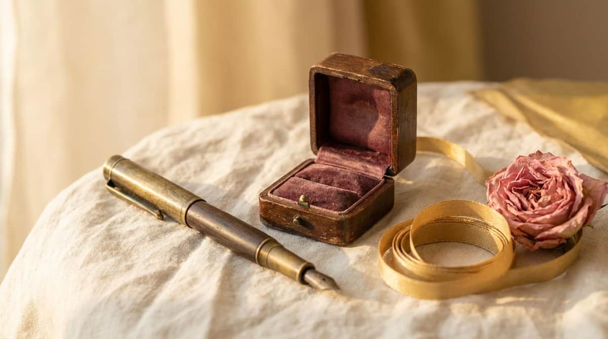 Antique brass fountain pen beside an open empty velvet ring box, a coil of gold ribbon, and a pressed pink rose on cream linen in warm golden-hour light