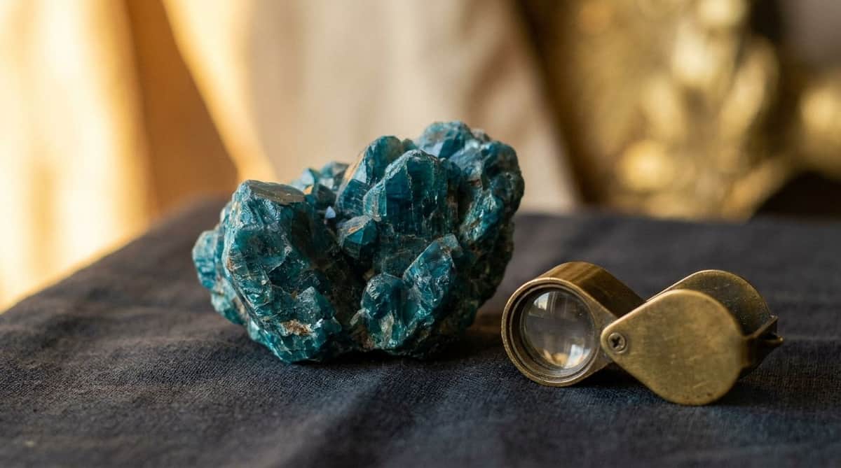 A raw teal-blue apatite crystal cluster beside a small brass jeweler's loupe on dark linen