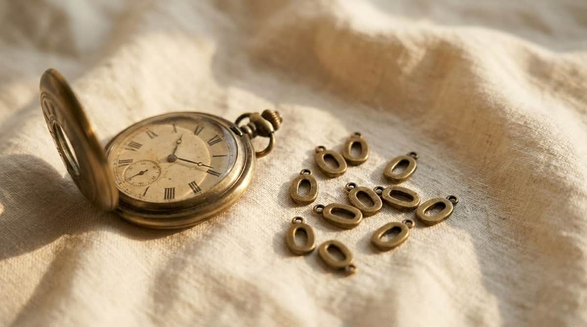 Antique brass pocket watch beside a scattered pile of loose brass numeral-0 charms on linen, evoking the 000 angel number