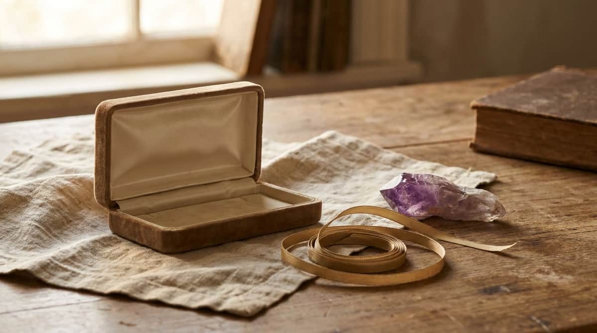 an open, empty velvet gift box with satin ribbon and a raw amethyst crystal on a wooden table