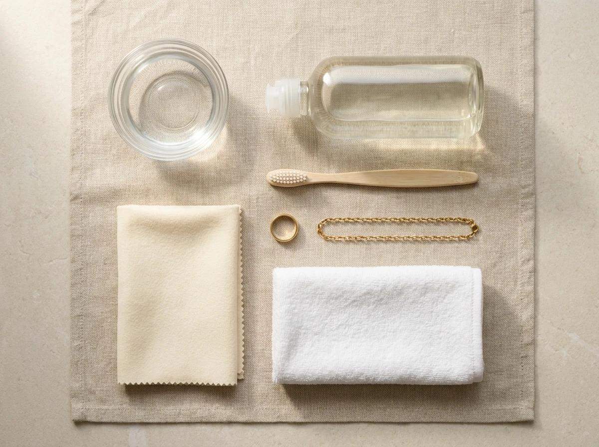 Mild dish soap, a soft-bristle toothbrush, a polishing cloth and a towel laid out for cleaning gold jewelry