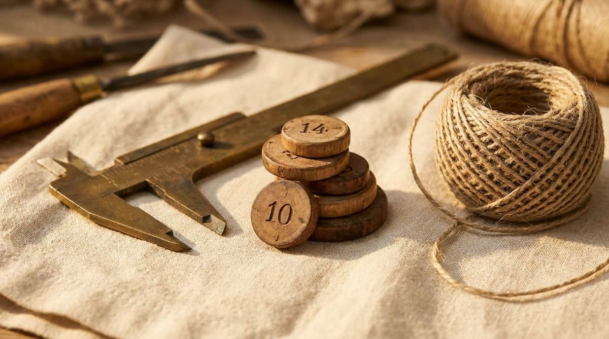 Brass caliper gauge, engraved wooden sizing discs, and a coil of measuring twine on linen, used to find bangle size