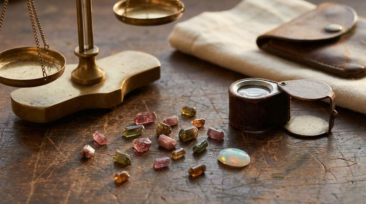 Loose tourmaline crystals and an opal cabochon beside a brass jeweler's scale and loupe on a wooden desk